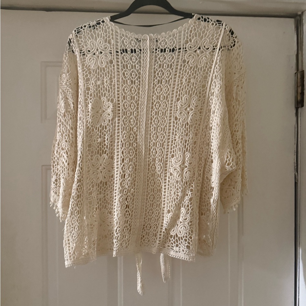 Cream Embellished Tie Front Blouse with 3/4 Sleeves - Picture 6 of 10